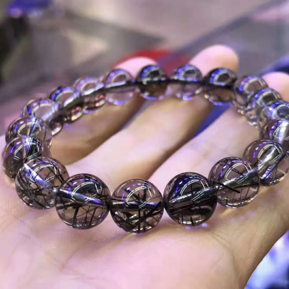 

Genuine Black Rutilated Quartz Bracelet For Women 10mm Natural Stone Bracelet Men Hand Bracelet Round Beads Gems Crystal