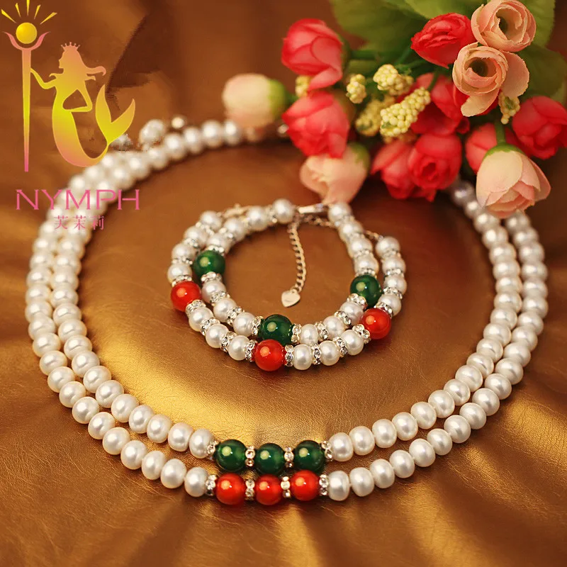 

NYMPH Pearl Jewelry Sets For Women Fine Jewelry Real Freshwater Pearl Necklace Bracelet 9-10MM Trendy Anniversary Gift NYZ1001