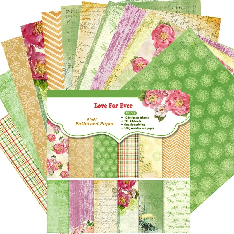 

DIY Scrapbooking Kit 6inches Designer Spring Soft Green Patterned Paper Collection 24 Sheet Pads Background Papers Card Craft