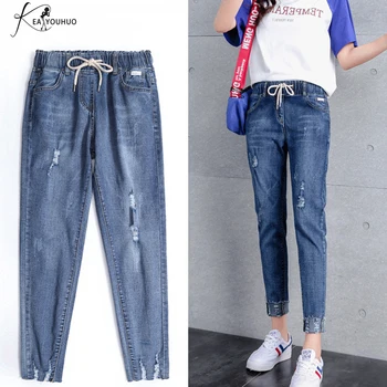 

2019 Winter High Waist washing Female Ripped Jeans For Women Trousers Denim Beaded Pearl Skinny Jeans Woman Plus Size Mom Jeans