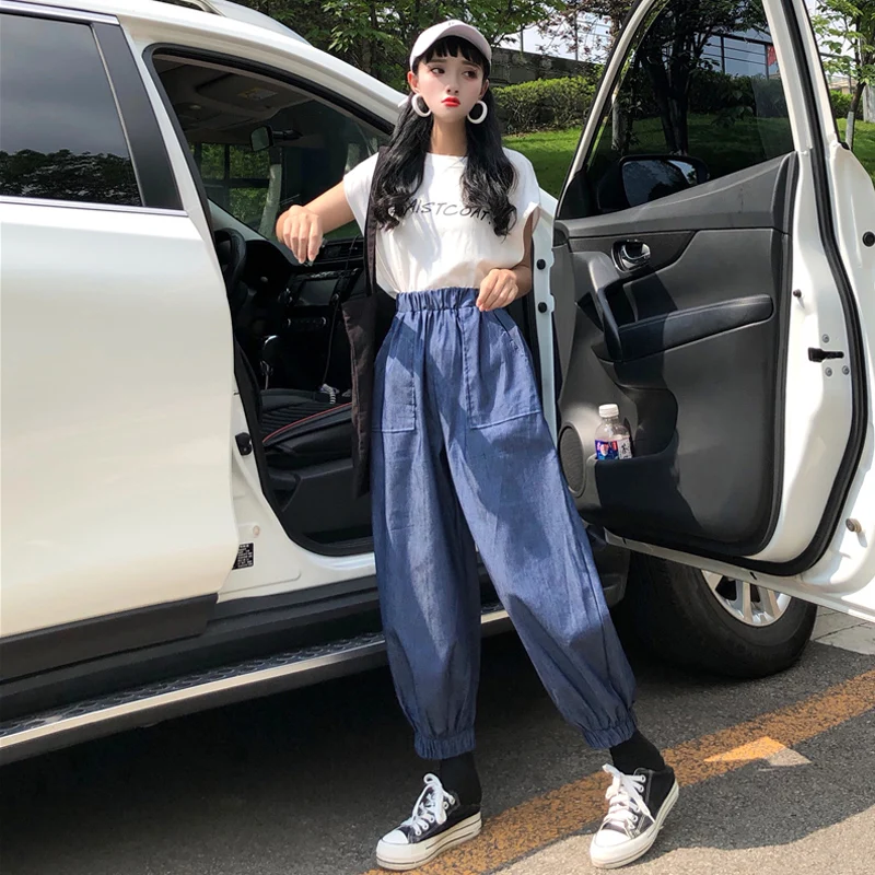 

New Women's Clothing Summer Streetwear ulzzang loose letter print O-neck Sleeveless Vest+Full Length jeans hipster Women's Sets