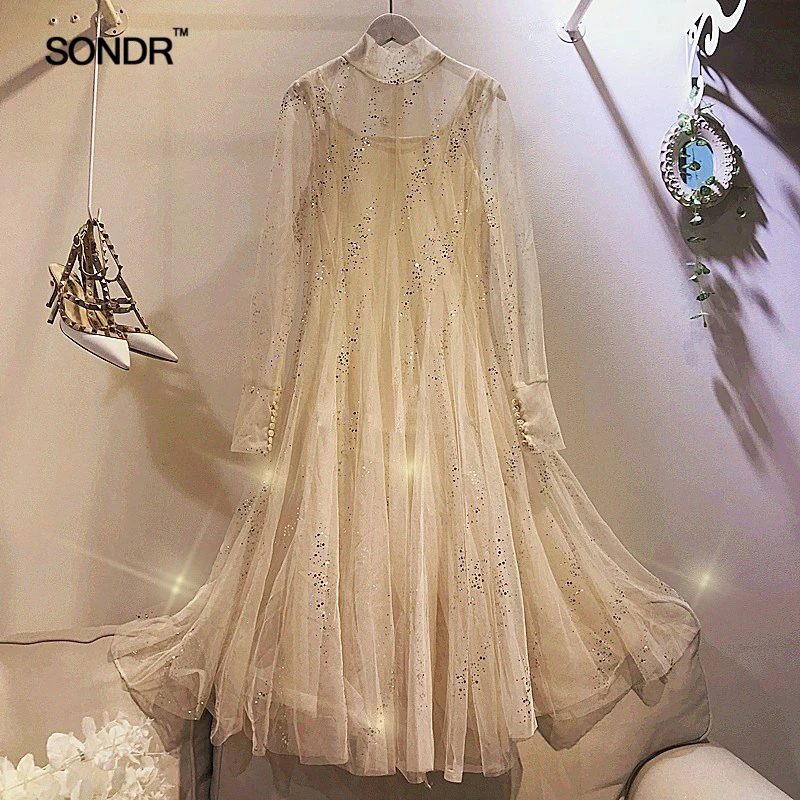 

SONDR 2019 spring web celebrity fairy temperament gauze perspective posed dress female island vacation long dress of tall waist