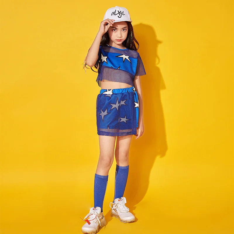 

Kids Adult Hollow out hip hop top dance see-through stars Jazz costume performance wear Blue Mesh Sexy show clothes tide t-shirt