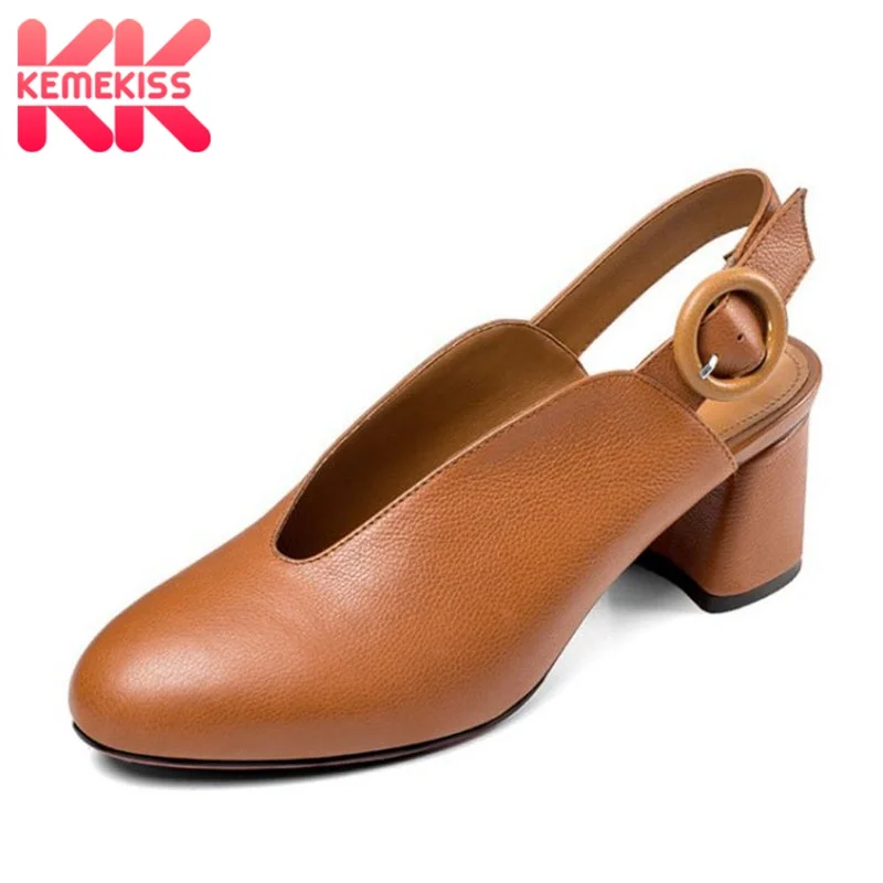 

KemeKiss Genuine Leather Women' Pumps Fashion Buckle Round Toe High Heel Shoes Women Square Heels Luxury Footwear Size 34-39
