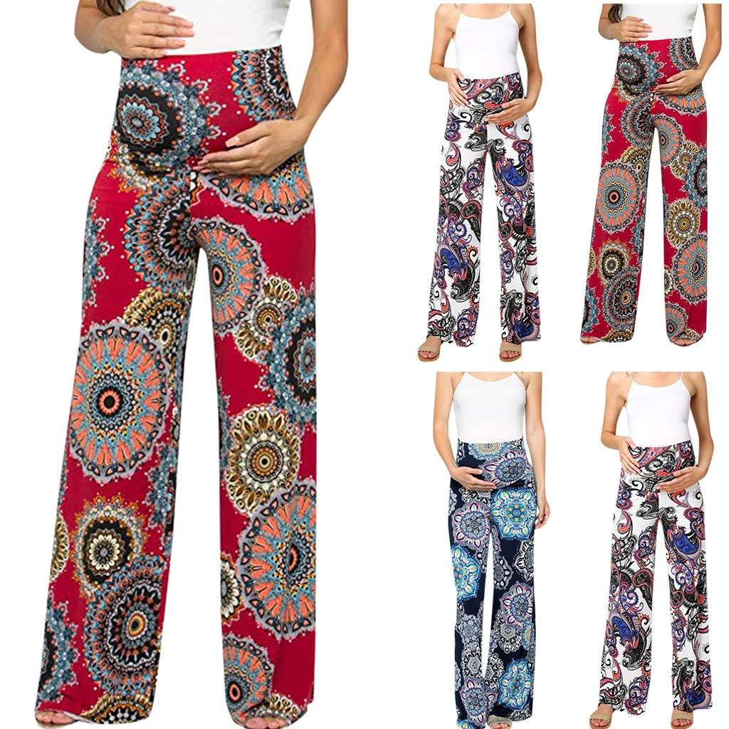 Pantalones de maternidad para mujer, pantalón de ancho y recto, estampado, elásticos, para embarazo, holgados, de pierna ancha|Pantalones y pantalones pirata| - AliExpress