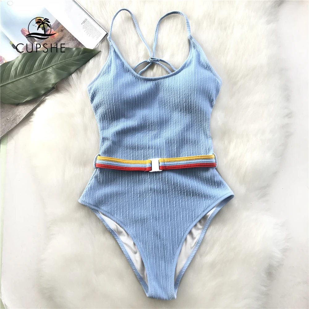 Billige CUPSHE Blau einteiliges Badeanzug Frauen Cut Out Soild Monokinis Mit Einzelnen Bund 2020 Neue Mädchen Strand Badeanzug bademode