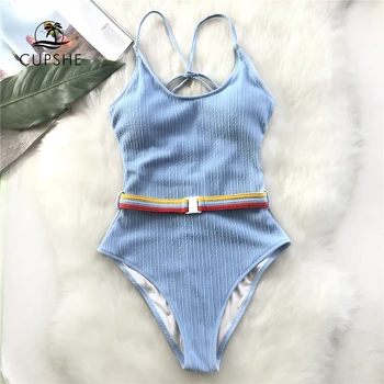 

CUPSHE Blue One-piece Swimsuit Women Cut Out Soild Monokinis With Single Waistband 2020 New Girl Beach Bathing Suit Swimwear