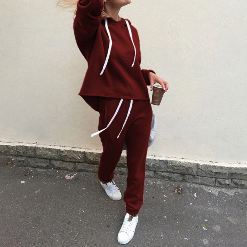 

New Women Clothing Suits Female Tracksuit Hoodies Loose Hooded Tops Sweatshirt+Solid Long Pants 2 Pieces Sets
