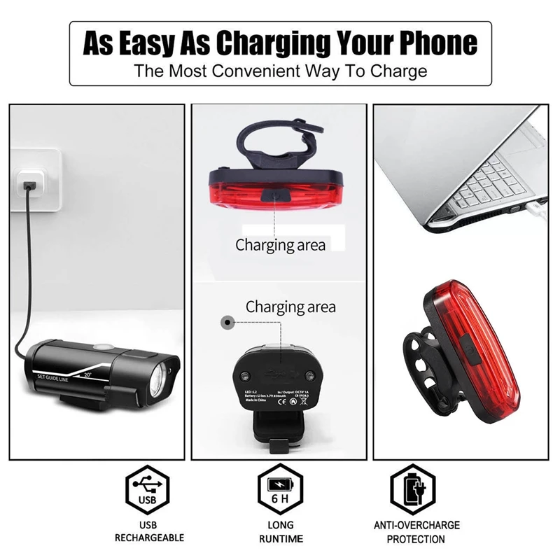 Sale Bike Lights Set USB Rechargeable, Super Bright 350 Lumen Front Bike Light & 120 Lumen Rear Bike Light, Waterproof LED Mountain 6