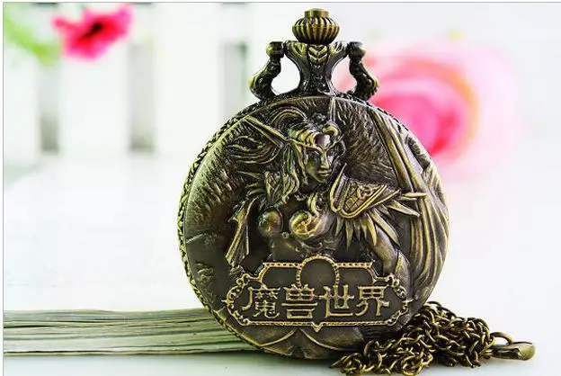 

Wholesale vintage antiques Bronze World of warcraft quartz Pocket watch necklace with chain Man pendant gift