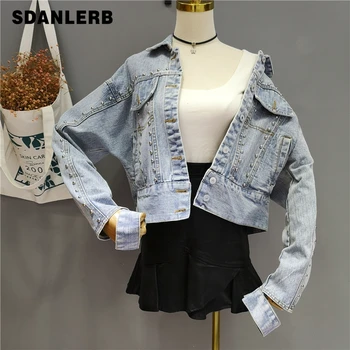 

2019 Spring Autumn New Street Heavy Worker Cowboy Coat Jacket Women Rivet Irregular Short Denim Coats Female Loose Jean Jacket