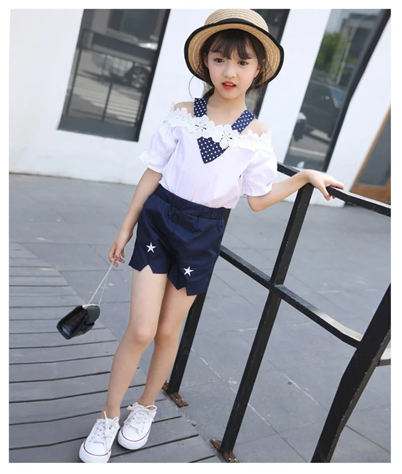 summer girls clothing sets children off-the-shoulder lace shorts pant two-piece girls clothing suit (9)