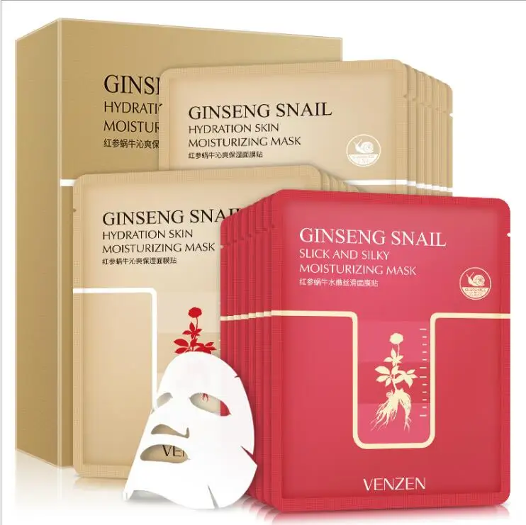 

10Pcs Red ginseng Snail Mask Set Hyaluronic Acid Mask Moisture Hydrating White Shrink Pores Anti Wrinkle Repair Facial Skin Care