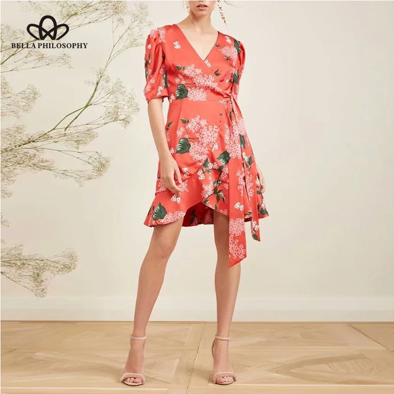 

Bella Philosophy 2018 Summer Women Vintage Dress Mature Floral Print Bow Rope Dresses Belted Half Sleeve Slim Fit Dress Vestidos
