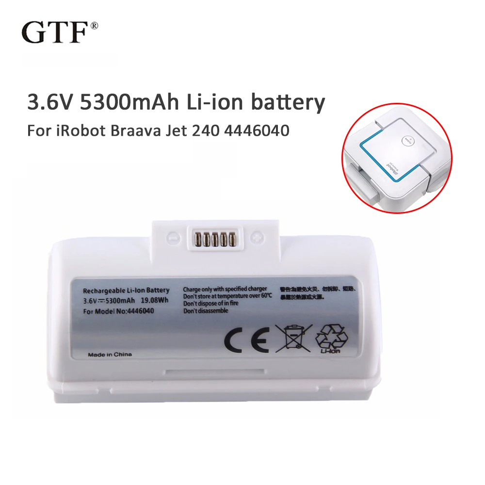 

GTF High Capacity 3.6V 5300mAh Li-ion Replacement Battery for iRobot Braava Jet 240 4446040 and Free charger