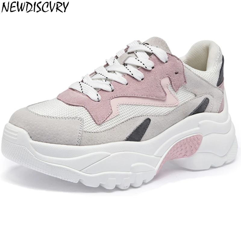 

NEWDISCVRY Suede Leather Mesh Women Platform Chunky Sneakers 2018 Fashion Women's Flat Thick Sole Shoes Woman Dad Footwear