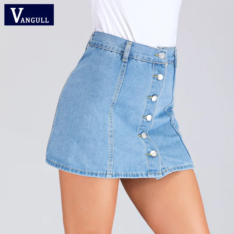

Vangull Fashion Front Single Breasted Denim Skirt High Waist A-line Mini Skirts Women 2019 Summer New Basic Blue Jeans Skirts