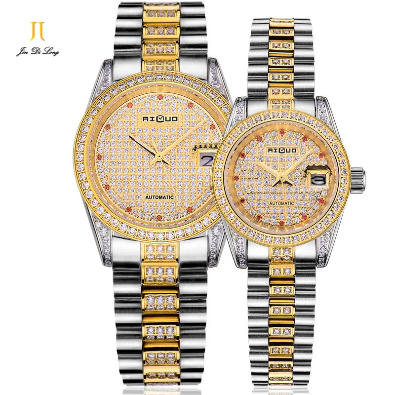 Brand Luxury Fashion Diamond Lovers' Watch Men&Women Automatic Self-wind Gold Wrist Watches Calendar Flywheel Waterproof 50M