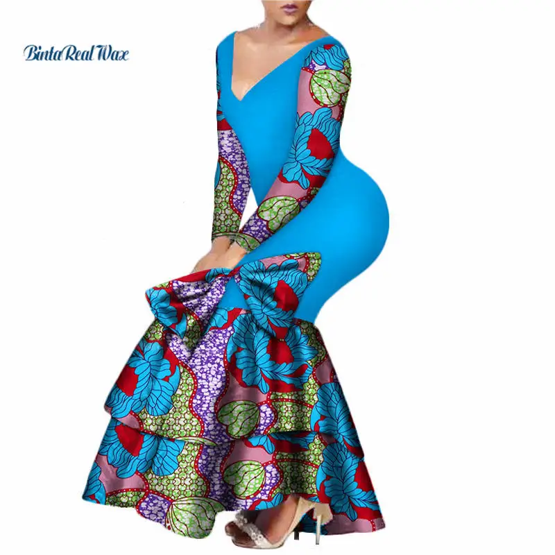 

2019 African Print Long Dresses for Women Bazin Riche Patchwork Bow-knot Ruffles Dress African Clothing Party Vestidos WY3428