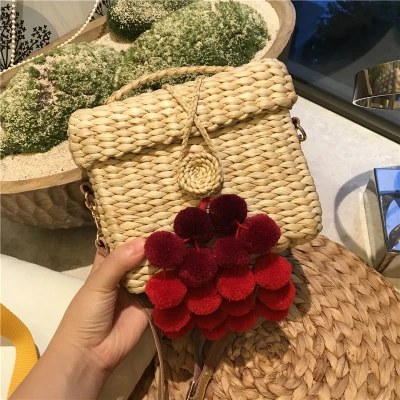 

Summer Travel Handbags Drawstring Basket Bag leisureTote Hair ball lace Bohemian Beach Bag for Women retro Handmade Straw Bags