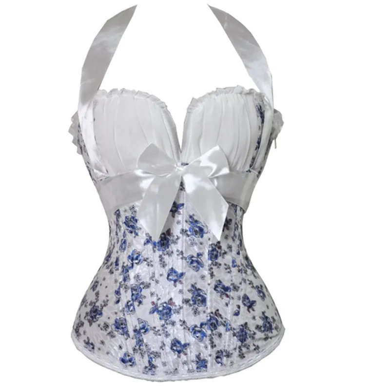 White Silk Floral Printed Overbust Corset Halter Top Chest Binder Waist