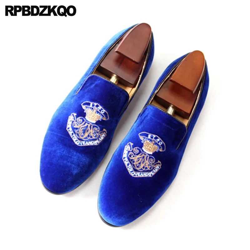 

Italian Loafers Smoking Slippers European Prom Blue Brand Italy Runway Velvet Casual Shoes Men Large Size Nice Embroidery Party