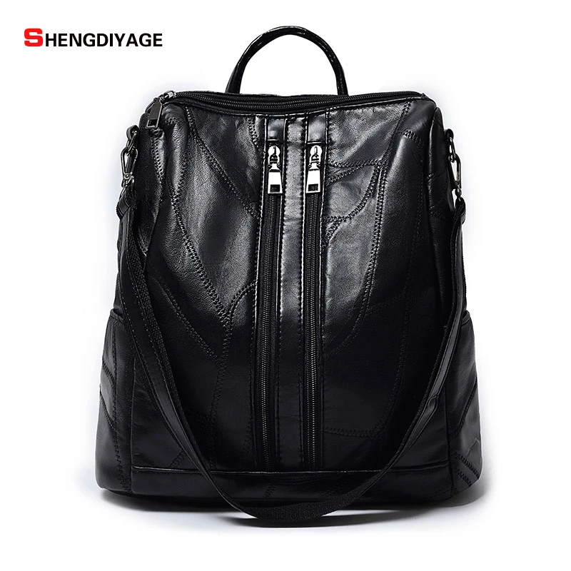SHENGDIYAGE Women Backpack High quality fashion sheepskin material Double zipper design black Backpack women school bags SHENGDIYAGE Women Backpack High quality fashion sheepskin material Double zipper design black Backpack women school bags