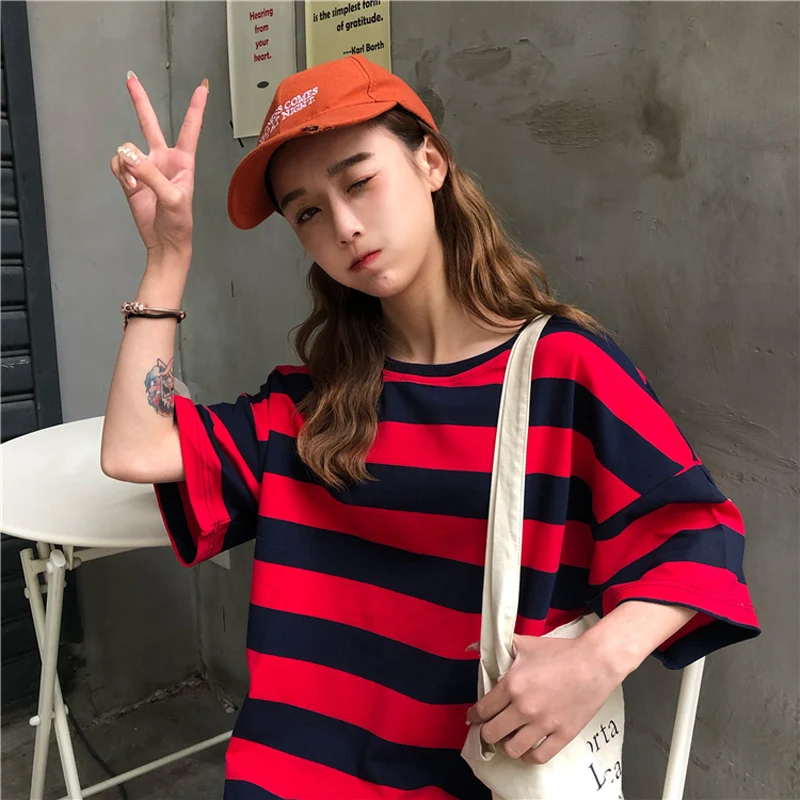 Blusa футболка женская футболка с коротким рукавом Свободная полосатая футболка Топ Повседневная хлопковая летняя футболка Harajuku женские рубашки