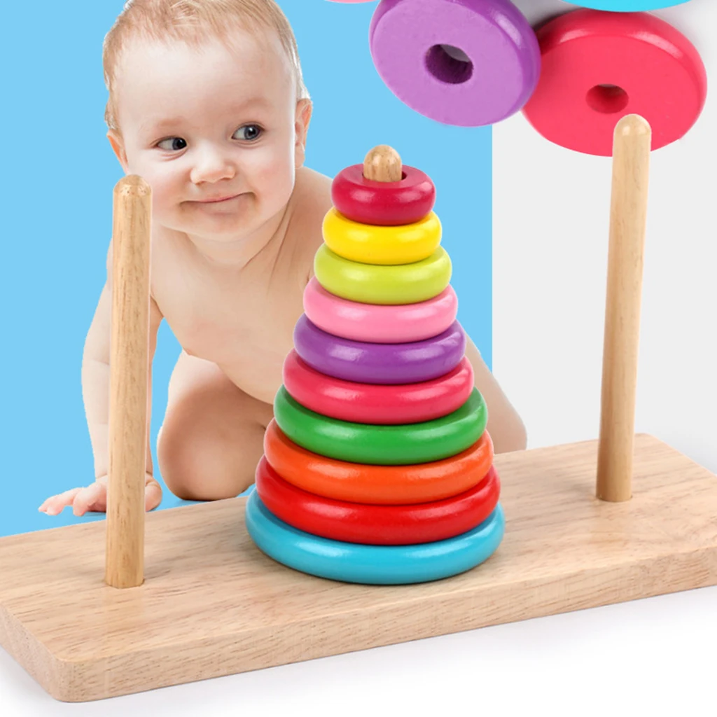 Multi color 10 Rings Tower of Hanoi Toy Wooden Mathematical Puzzle Toy