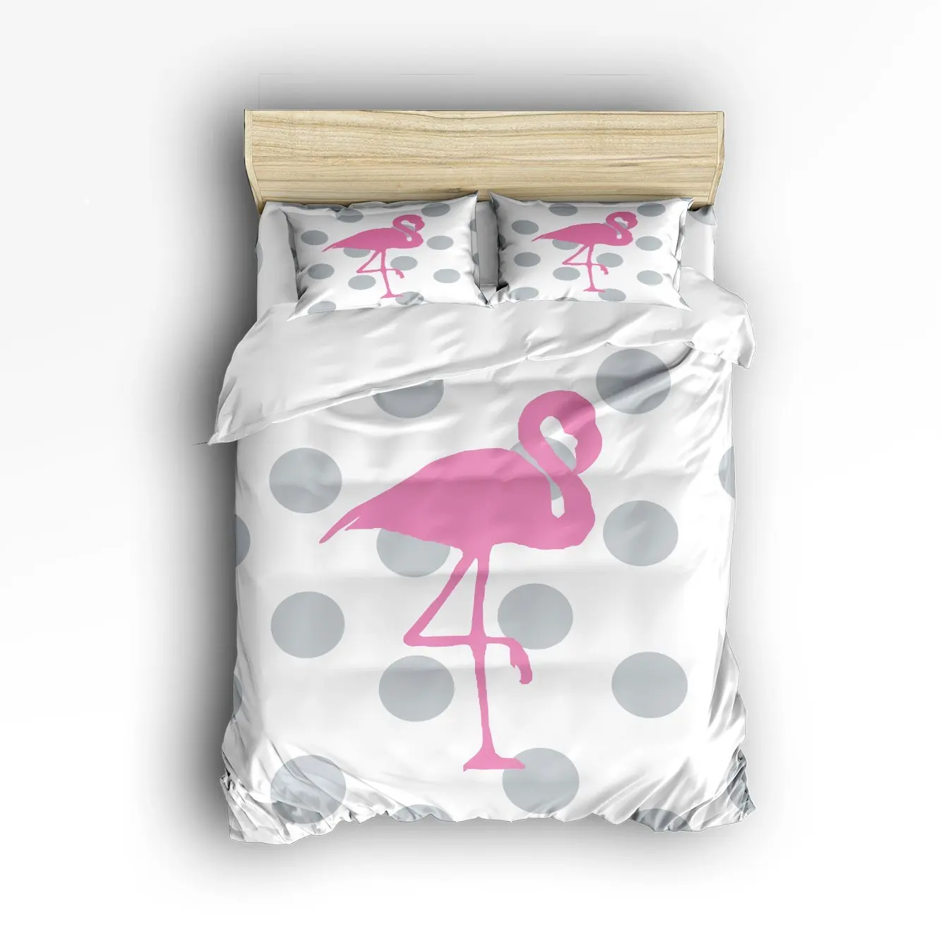 Queen Size Bedding Set Pink Flamingo Grey Polka Dot Print Duvet