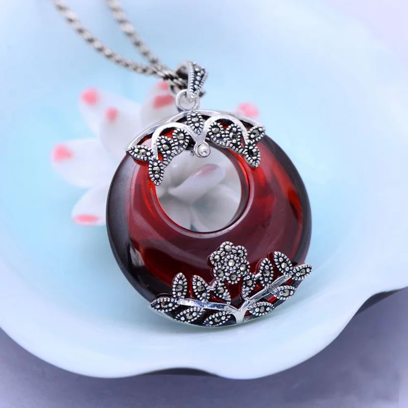Круглый Красный Гранат 925 пробы серебряный Ретро ожерелье марказит кулон для женщин Тайский Серебряный ювелирные изделия подарок без цепи