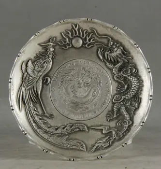 

Exquisite Old Chinese Decorated Handwork Tibetan Silver Dragon Phoenix Plate
