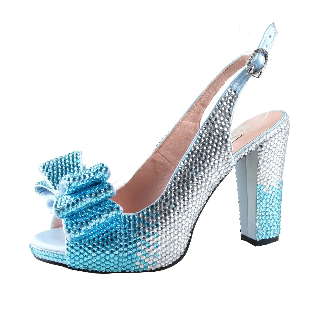 BS959/DHL; комплект из туфель ручной работы с голубыми кристаллами и сумочки; женские свадебные туфли на блочном каблуке; BS959