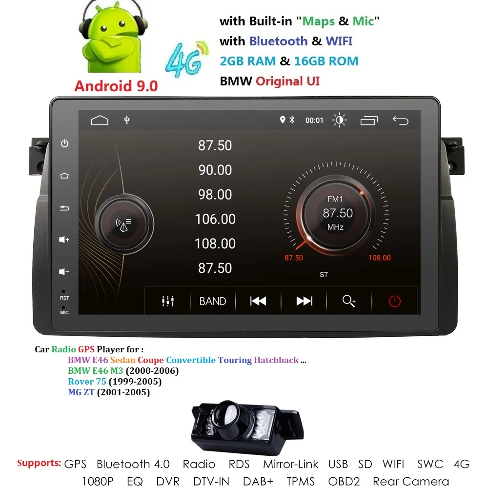 

New Quad core Android 9.0 Car GPS 2G RAM stereo for BMW E46 M3 Rover 75 MG ZT 1998-2005 1 DIN TPMS RDS TPMS DAB+ OBD2 Camera
