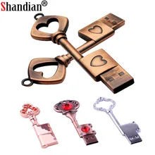 SHANDIAN любовь matal Сердце Ключ карту флэш-памяти с интерфейсом usb медь любовь флешки 4 gb 16 ГБ, 32 ГБ, 64 ГБ Флеш накопитель memory stick U диск мода подарок