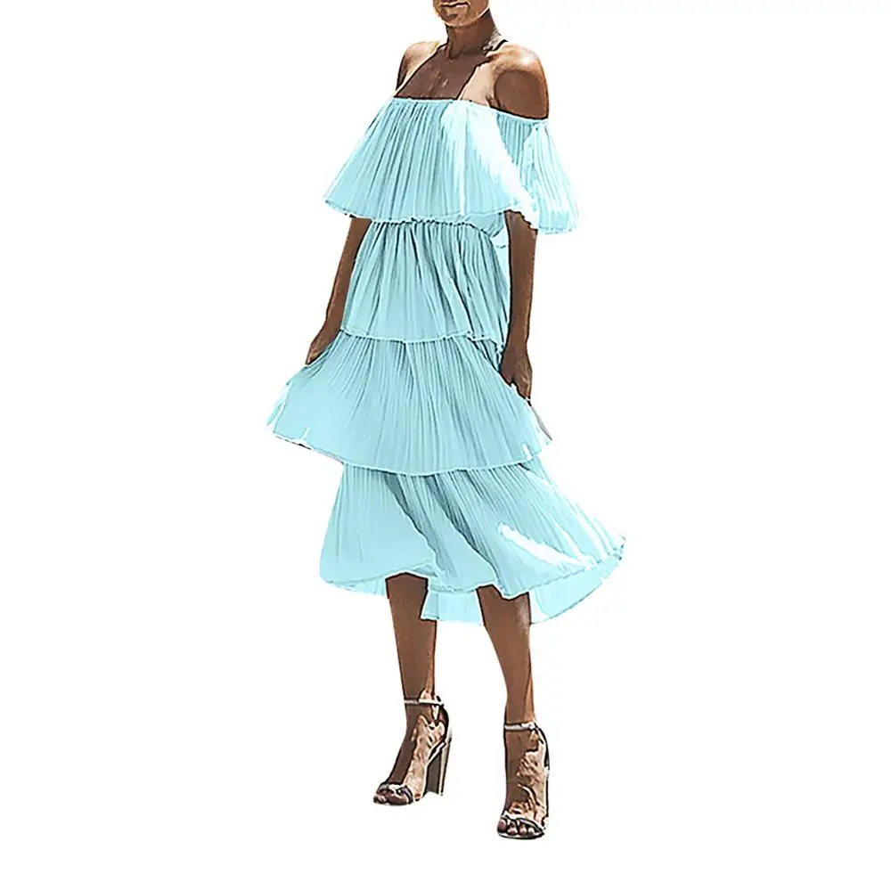Модное женское платье, новинка, богемное шифоновое платье с открытыми плечами и оборками, рукав-бабочка, однотонное вечернее многослойное платье, горячая Распродажа - Цвет: Light blue Dress