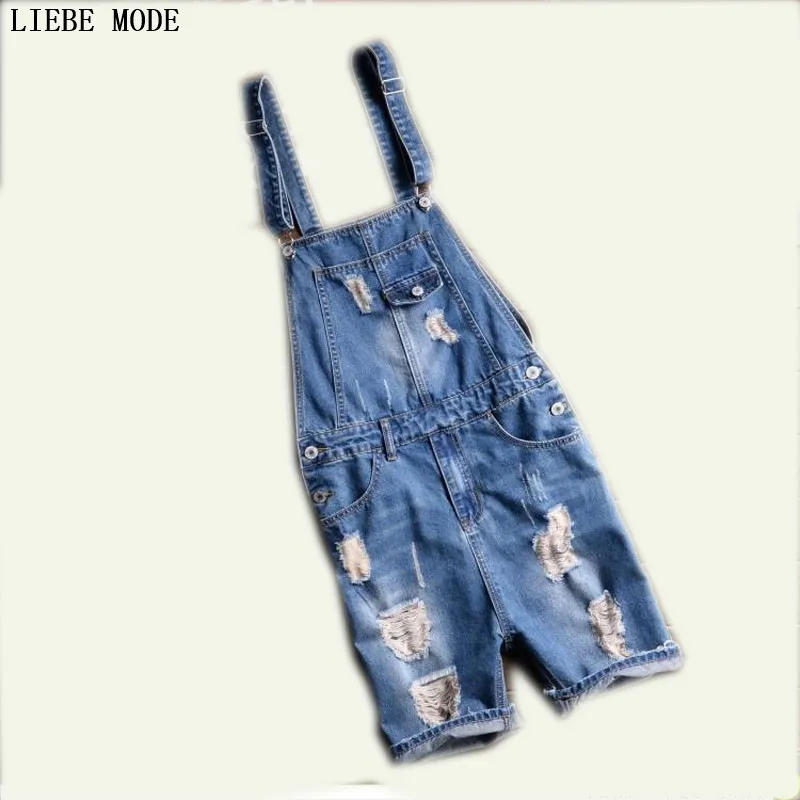2017 Summer Men's Ripped Jean Overalls Mens Denim Bib Overalls Blue Shorts Jumpsuit Mens