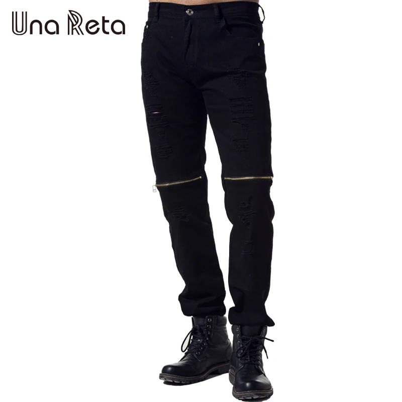 

Una Reta New Streetwear Pants Men'S Plus Size Straight trousers Fashion Ripped Jeans Men Brand Hip Hop Black Zipper Slim Pants