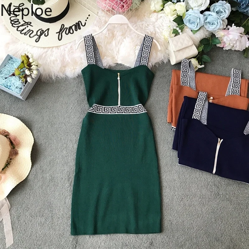 

Neploe Retro Hong Kong Style Dress Women Summer 2019 Knitted V-Neck Sleeveless Vestido Solid Stretch Waist Bodycon Dresses 44168