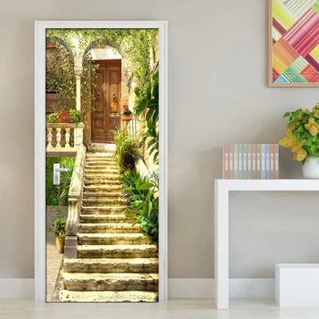 Garden Seaview 3D Mural PVC Wallpaper Door Sticker Living Room Bedroom Waterproof Door Wallpaper Home Decoration Modern Fresco 3d door unicorn animal wall sticker styling vinyl mural forest landscape wallpaper home living room bedroom decoration