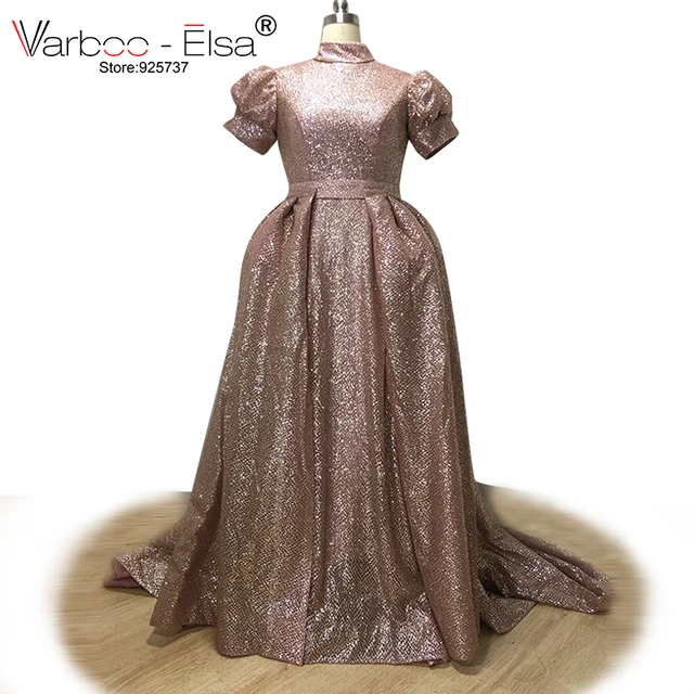 Varboo Elsa Luxury Ross Gold Floor Length Evening Dress Sequined Varboo Elsa Luxury Ross Gold Floor Length Evening Dress Sequined Detachable Train Puff Sleeve Prom