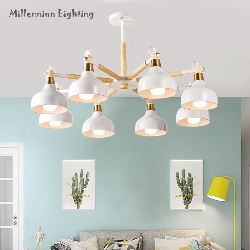 

Nordic Chandelier lighting living room ceiling luminaria white Iron Lampshade Wooden Suspendsion chandelier E27 fixtures lustre