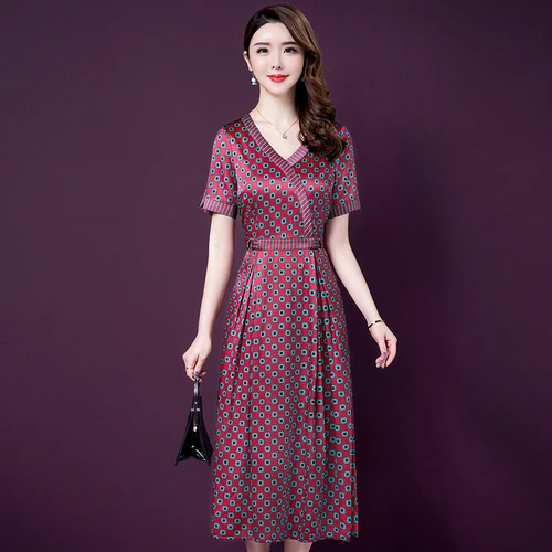 

2019 Spring Summer Fashion Short Sleeve Silk Women Dress New Style Exquisite Printed High End Elegant Temperament Female Dresses