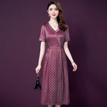 

2020 Spring Summer Fashion Short Sleeve Silk Women Dress New Style Exquisite Printed High End Elegant Temperament Female Dresses