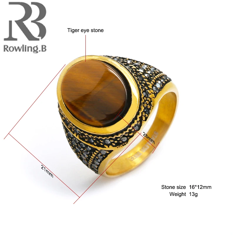 Gold Color Ring for Men Oval Big Tiger Eye Stone 316L Stainless Steel