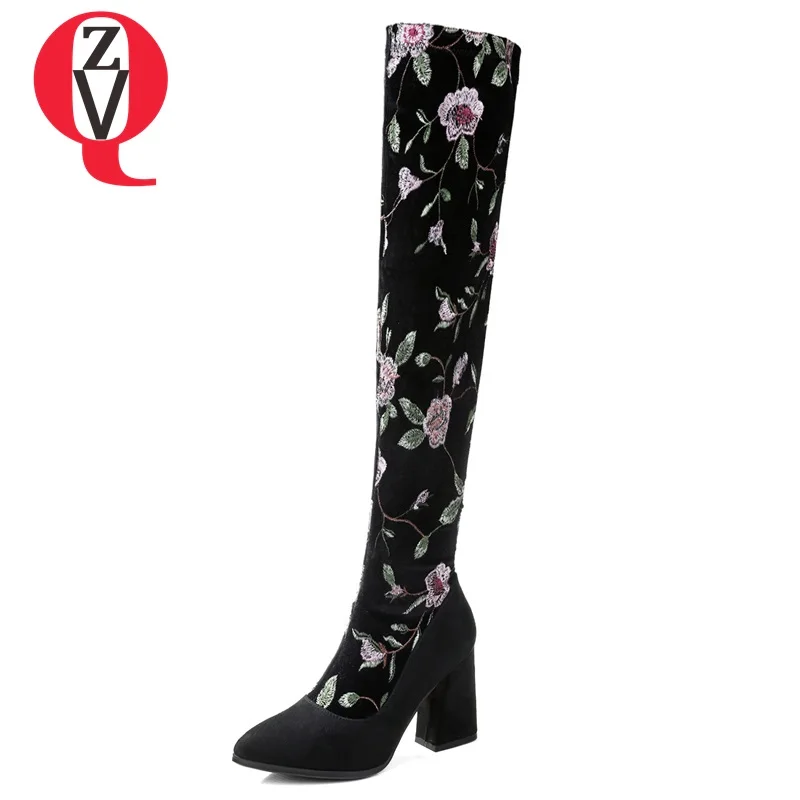 

ZVQ fashion boots woman high heel pointed toe handmade knee high boots embroider woman spring party zipper boots plus size