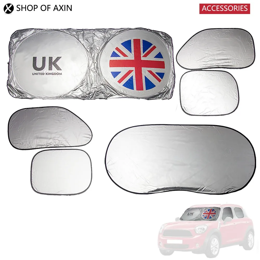 

Car Sunshade Front Windshield Rear and Side Windows (1sets 6 pieces, Union Jack , Silver Finish) For Mini Cooper