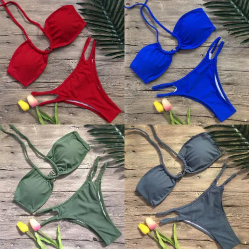

New 2018 Summer Women Strap Bandage Solid Swimsuit Padded Bra Push-up Swimwear Bikini e Bathing Beachwear New