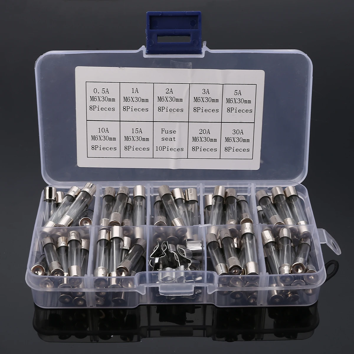 72pcs 6x30mm Fast Quick Blow Glass Tube Fuse with Fuse Holder Assortment Kit 0.5A/1A/2A/3A/5A/10A/15A/20A/30A