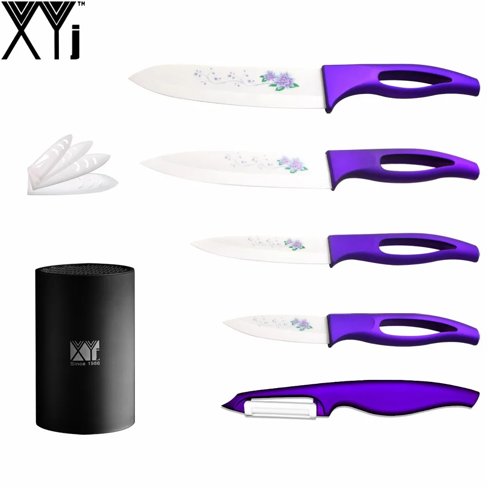 6 Pieces Set Purple Flower Printed Kitchen Knife 6 Inch Black Knife